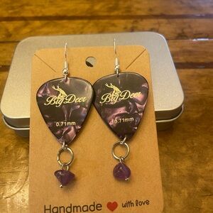 Purple and Silver Dangle Earrings with Guitar Pick Design